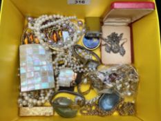 Box of Costume Jewellery to include marcasite, pearls, watches, lighters, mother of pearl