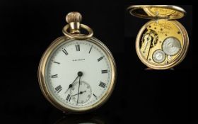 American Watch Co. Waltham Keyless Gold Filled Open Faced Pocket Watch. Guaranteed to be of gold