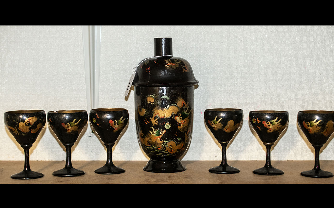 Chinese Papier Mache Cocktail Shaker Set, comprising a cocktail shaker and six stemmed glasses,