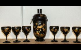 Chinese Papier Mache Cocktail Shaker Set, comprising a cocktail shaker and six stemmed glasses,