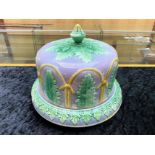 Large Antique Majolica Cheese Plate and Cover with green and lilac decoration; 11 inches (27.5cms)