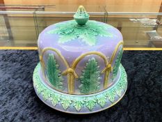 Large Antique Majolica Cheese Plate and Cover with green and lilac decoration; 11 inches (27.5cms)