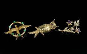 Victorian Period 1837 - 1901 Fine Trio of 15ct and 9ct Gold Stone Set Brooches. Comprises 1/ 9ct