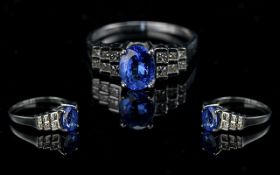 Ladies Contemporary Designer 18ct White Gold Blue Sapphire and Diamond Set Ring, full hallmark for