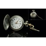 Oris Sterling Silver Key Wind Small Full Hunter Pocket Watch, with white enamel dial. Gold ornate