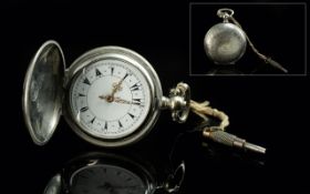 Oris Sterling Silver Key Wind Small Full Hunter Pocket Watch, with white enamel dial. Gold ornate