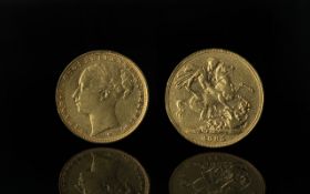 Queen Victoria 22ct Gold - Young Head - St George Full Sovereign - Melbourne Mint Date 1885. Good