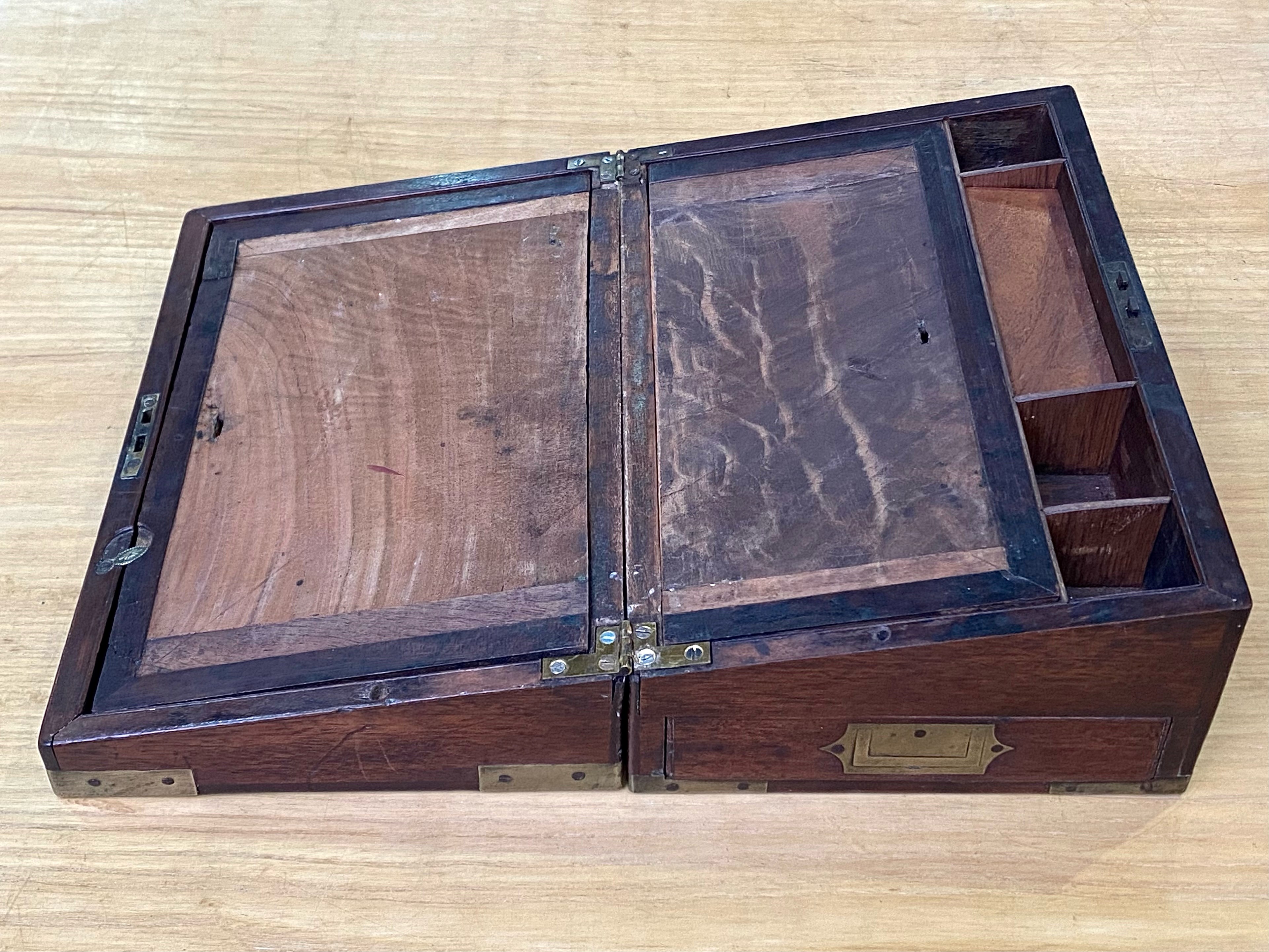 Antique Campaign Writing Chest in brass bound mahogany with recessed carrying handles and secret - Image 2 of 3