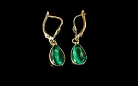 Ladies 14ct Gold Pair of Malachite Set Tear-Drop Earrings / Drops Marked 14ct. Weight 2.7 grams.