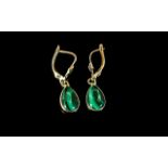 Ladies 14ct Gold Pair of Malachite Set Tear-Drop Earrings / Drops Marked 14ct. Weight 2.7 grams.