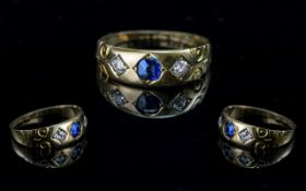 Antique Period Ladies 18ct Gold Three Stone Sapphire and Diamond Set Ring, marked 18ct to interior