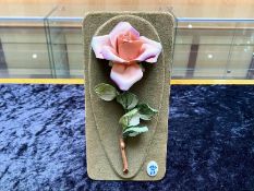 Capodimonte Rose Mounted On Velvet Plaque overall size 8 inches long by 4 inches wide.