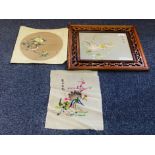 Three Vintage Oriental Pictures, comprising an original painting of a bird on a floral branch,