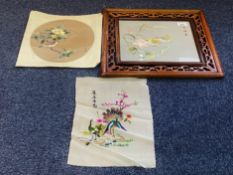 Three Vintage Oriental Pictures, comprising an original painting of a bird on a floral branch,