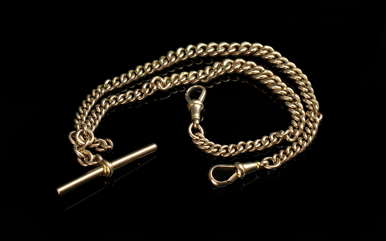 Victorian Period - Superior Quality 9ct Gold Double Albert Watch Chain with T-Bar and Lobster Claws.