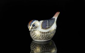 Royal Crown Derby Paperweight 'Wren', with gold stopper, measures 3.5'' long x 2'' high. Excellent