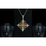 Art Nouveau - Stylish and Exquisite 14ct Two Tone Gold Pendant Set with Peridot Orange Topaz and