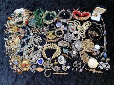 Box of Costume Jewellery, including brooches, bracelets, necklaces, pearls, coloured stone