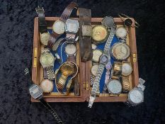 Small Carved Wooden Box, containing a collection of Watches, both quartz and manual wind,