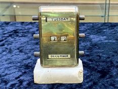Art Deco Table Top Brass Calendar, day, date and month; approx. 4 inches (10cms) high