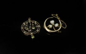 Antique Period Superb Pair of 15ct Stone Set Brooches, marked 15ct. 1. 15ct Gold Brooch (shamrock)