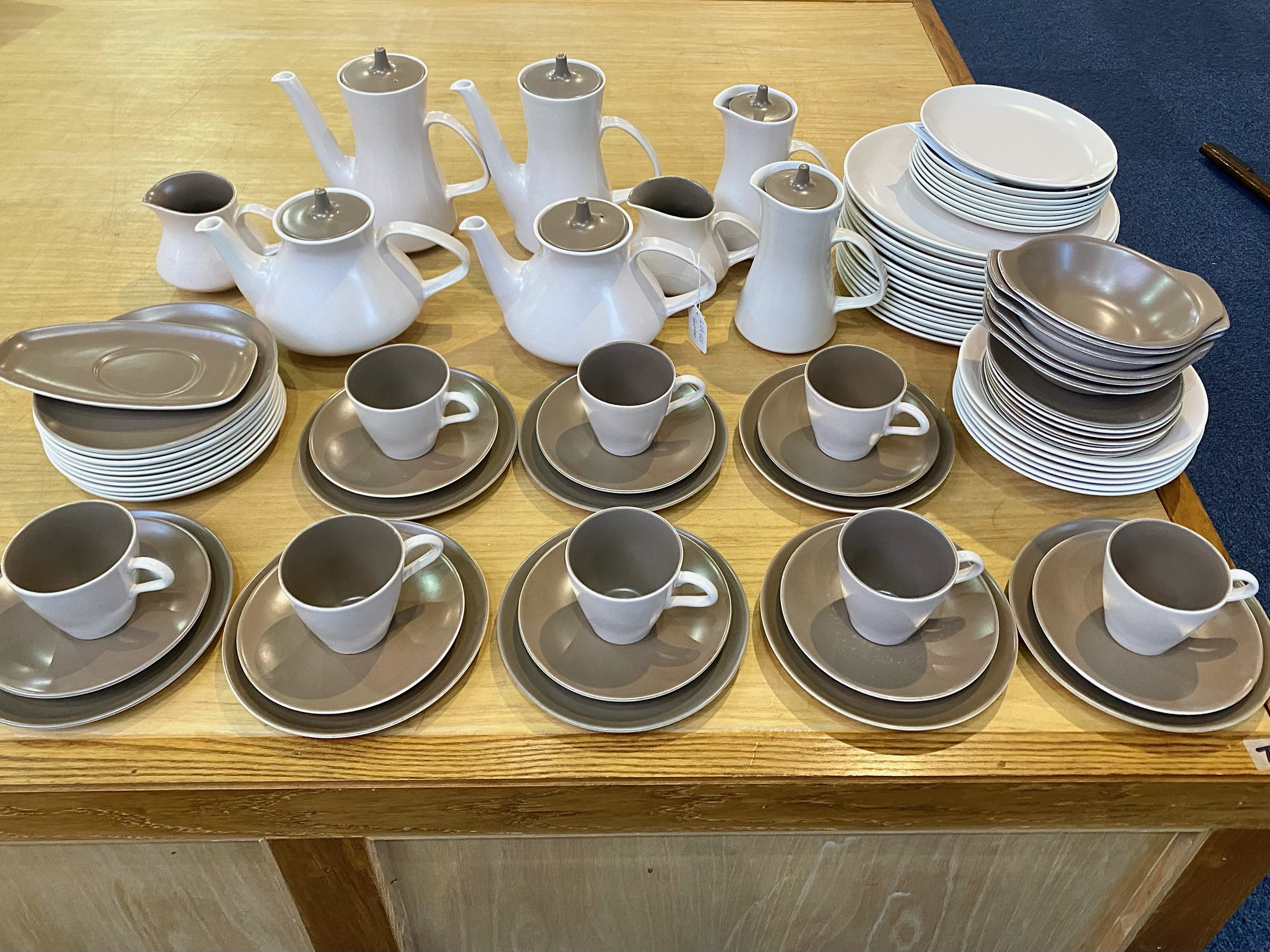 Large Poole Pottery Dinner/Tea Service, in mushroom and sepia colourway, comprising two tea pots,