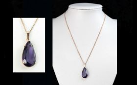 Ladies Attractive 9ct Gold Large Amethyst Tear Drop Pendant, attached to a 9ct gold chain. Both