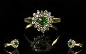 18ct Gold - Attractive Emerald and Diamond Set Cluster Ring. Marked 18ct to Interior of Shank. The