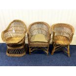 Three Children's Vintage Wicker Chairs, one with seat padding, different designs and patterns.