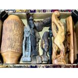 Box of African Wooden Carvings, including masks, heads, figural carvings, large carved wooden pot,