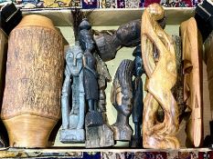 Box of African Wooden Carvings, including masks, heads, figural carvings, large carved wooden pot,