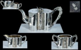 Chinese Export - Late 19th Century Solid Silver 3 Piece Tea Set. Artisans Marks for Hong Xiang and