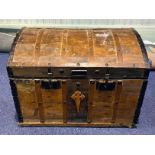Large Wooden Metal Bound Trunk, with a collection of small rugs. Trunk full of small rugs, various