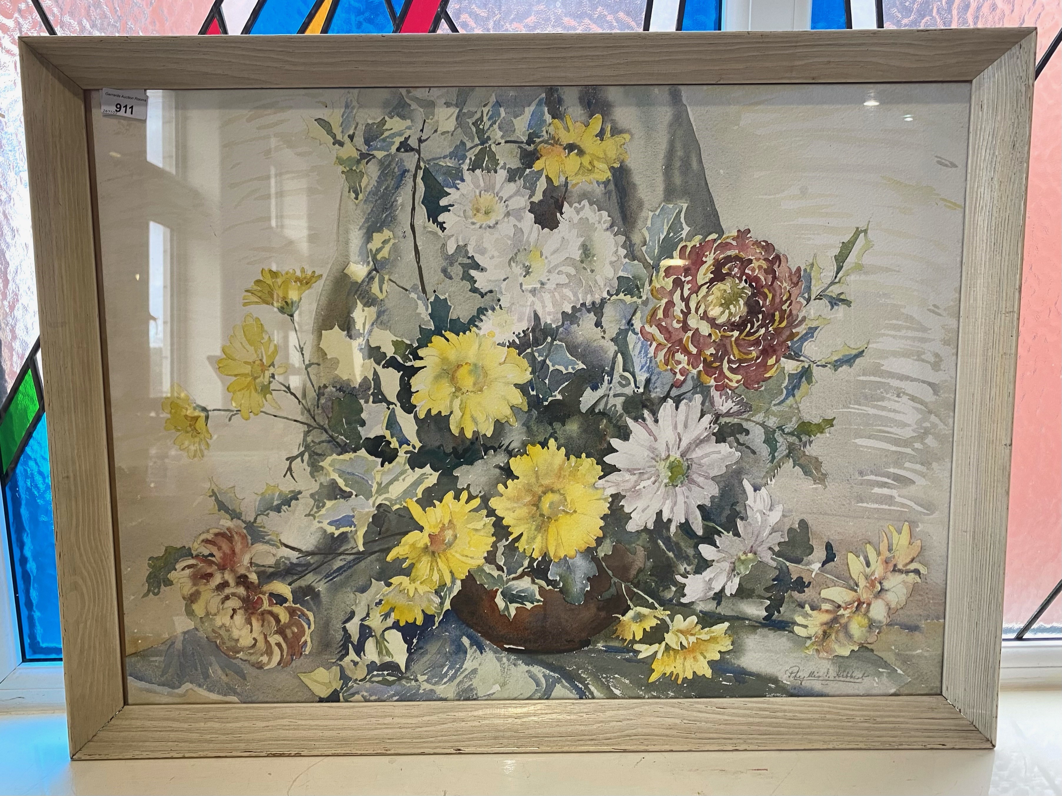 Watercolour Signed Phyllis I. Hibbert, Glass Framed. Subject - ' Chrysanthemums ' Signed to Front.