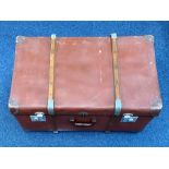 Large Vintage Suitcase, brown with strapping and studs. Measures 17'' wide x 28'' long x 11'' high.