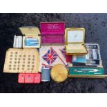 Quantity of Collectibles including Ronson lighter with box and paperwork, wind up bedside clock,