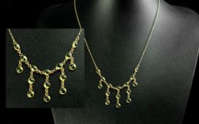 Ladies - Attractive 9ct Gold Peridot Set Drop Necklace. Great Design and Form. Full Hallmark for 9.