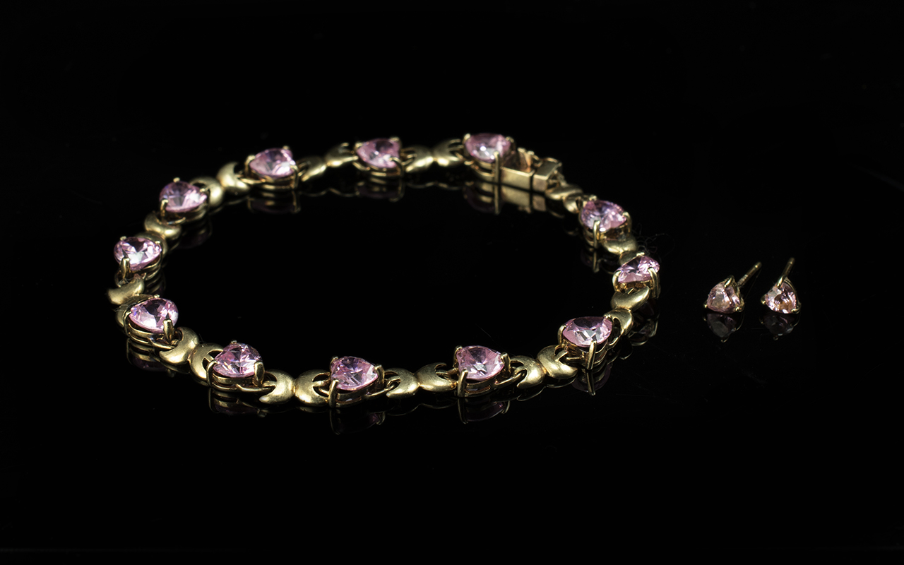 Ladies Attractive 9ct Gold Heart Shaped Pink Sapphire Set Bracelet with Matching Earrings - Full