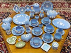 Collection of Wedgwood Blue Jasper Items, including a teapot, sugar bowl, cofee pot, cups,