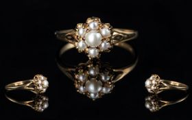 Ladies 9ct Gold Attractive Pearl Set Cluster Ring, flowerhead setting. Ring size L, fully