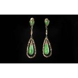 Ladies Superb Quality Pair of 18ct Gold Tear Drop Jade Earrings, Wonderful Colour. Marked 18ct to