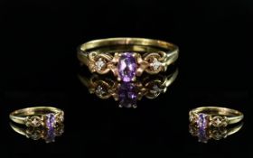 Ladies - Attractive 9ct Gold Petite Amethyst and Diamond Set Ring. Marked 9ct to Interior of