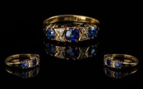 Ladies Antique Period 18ct Gold Sapphire & Diamond Set Ring, gallery setting. Marked 18ct to