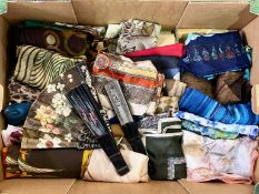 Box of Assorted Vintage Ladies Scarves, mainly silk, more than 30 in total, assorted patterns and