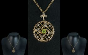 Edwardian Period 1902 - 1910 Superb Peridot and Seed Pearl Set Circular Open Worked Pendant,