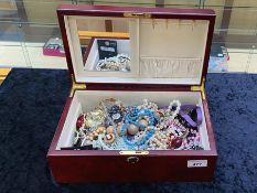 Large Modern Wooden Jewellery Box, with inlaid lid, containing a collection of costume jewellery,