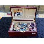 Large Modern Wooden Jewellery Box, with inlaid lid, containing a collection of costume jewellery,