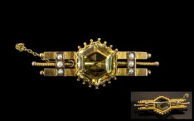 Antique Period Pleasing 9ct Gold Citrine & Seed Pearl Set Brooch with Safety Chain, marked 9ct.