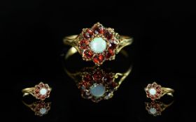 Ladies - Attractive 9ct Gold Blue Moonstone and Garnet Set Cluster Ring, Flower head Setting. Full