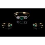 18ct Gold Attractive 3-Stone Diamond and Emerald Set Ring, the diamonds and emeralds of superb